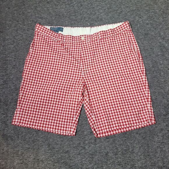 Vtg Polo Ralph Lauren Shorts Men 40 Red Suffield Gingham Check Flat Front Chino - Picture 1 of 9